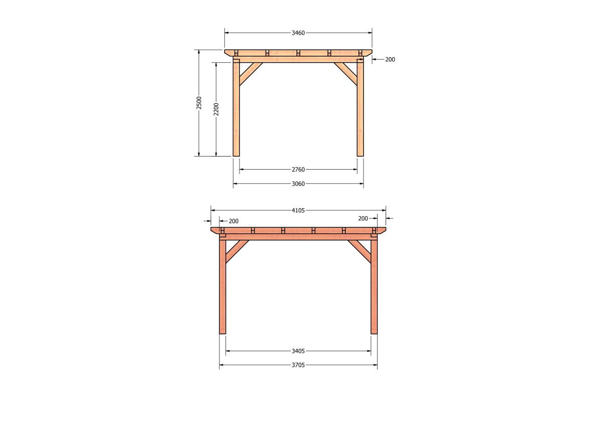 CP-10.1001-douglas-houten-overkapping-carport-bouwpakket-zelfbouw-plat-dak-bouwtekening-Zij & voor aanzicht