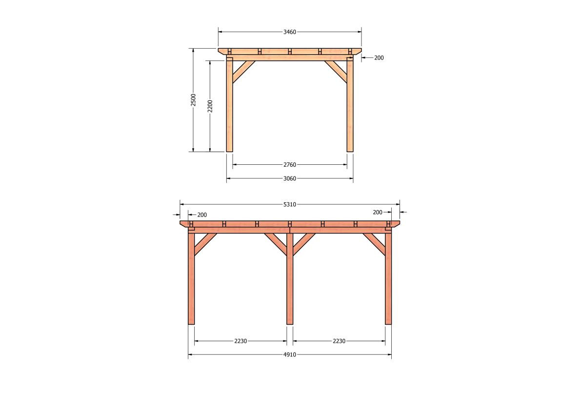 CP-10.1003-douglas-houten-overkapping-carport-bouwpakket-zelfbouw-plat-dak-bouwtekening-Zij & voor aanzicht