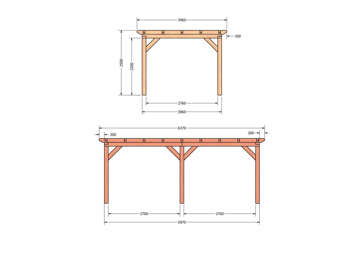CP-10.1006-douglas-houten-overkapping-carport-bouwpakket-zelfbouw-plat-dak-bouwtekening-Zij & voor aanzicht