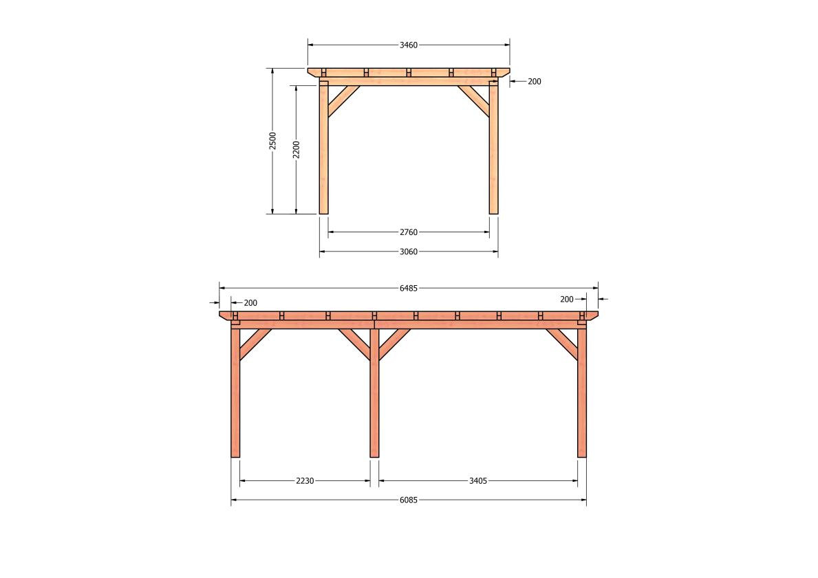CP-10.1007-douglas-houten-overkapping-carport-bouwpakket-zelfbouw-plat-dak-bouwtekening-Zij & voor aanzicht