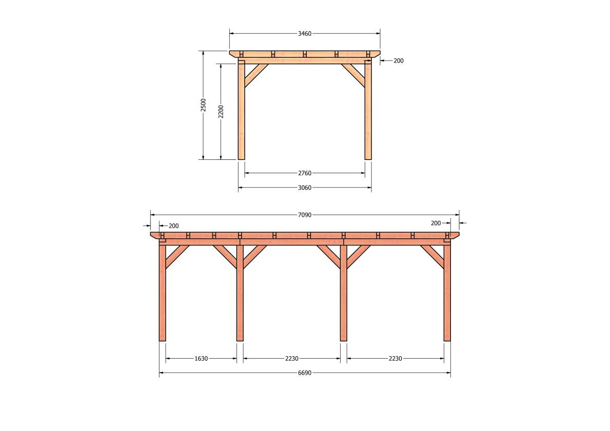 CP-10.1009-douglas-houten-overkapping-carport-bouwpakket-zelfbouw-plat-dak-bouwtekening-Zij & voor aanzicht