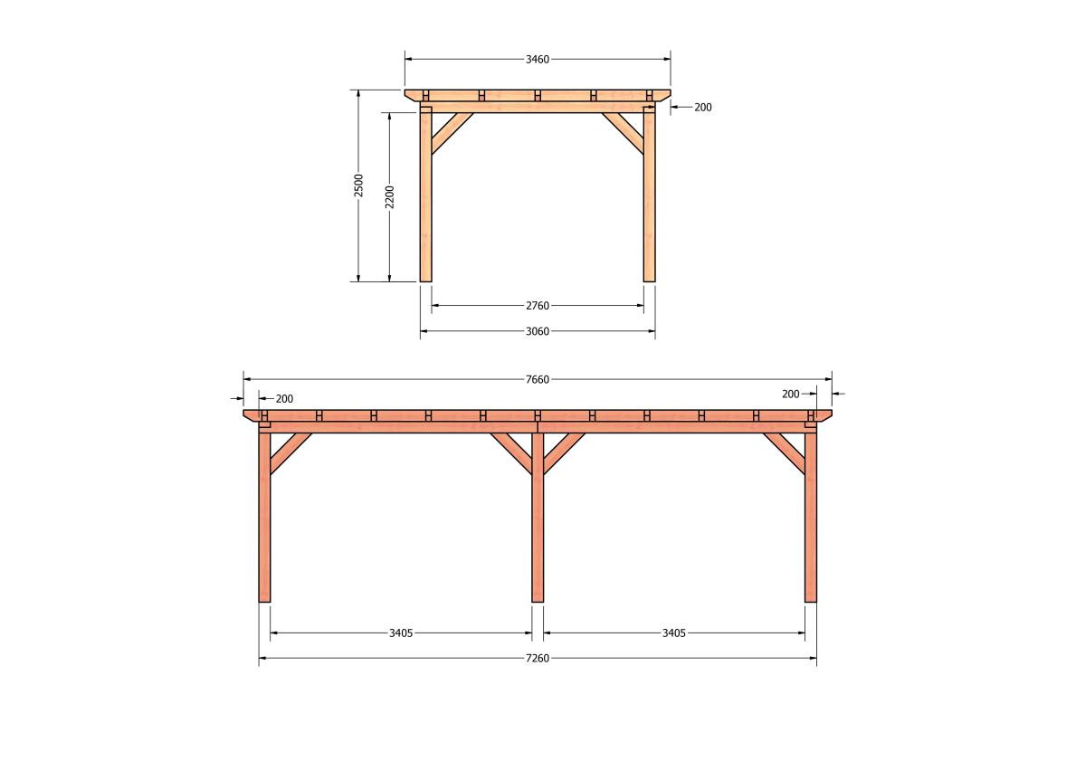 CP-10.1010-douglas-houten-overkapping-carport-bouwpakket-zelfbouw-plat-dak-bouwtekening-Zij & voor aanzicht