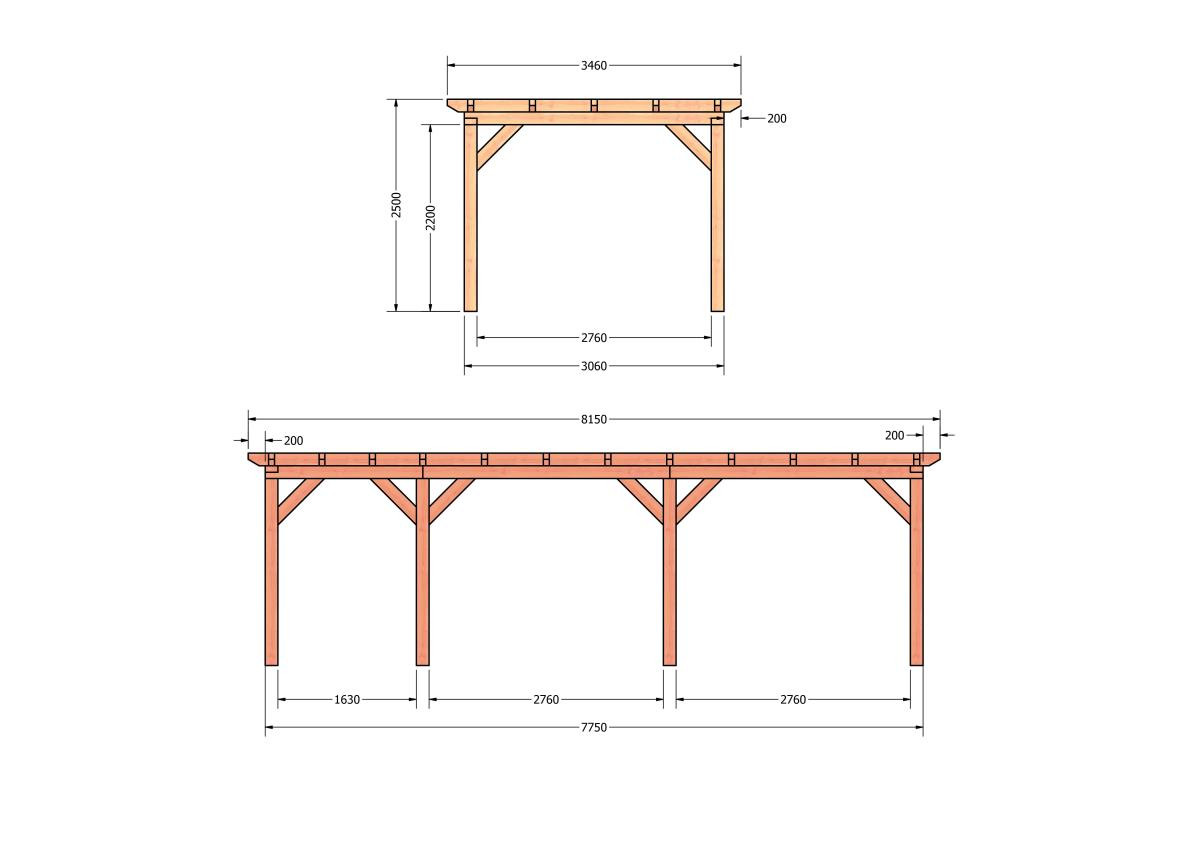 CP-10.1012-douglas-houten-overkapping-carport-bouwpakket-zelfbouw-plat-dak-bouwtekening-Zij & voor aanzicht