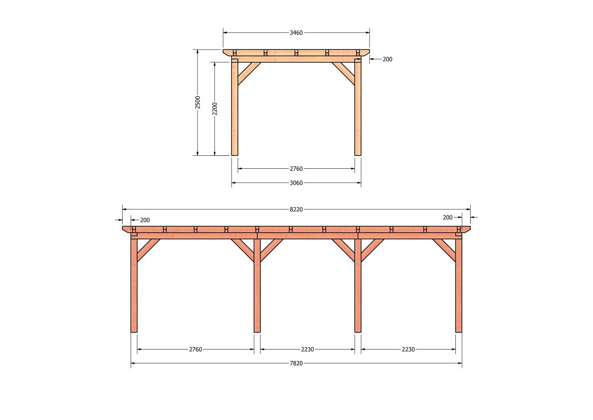 CP-10.1013-douglas-houten-overkapping-carport-bouwpakket-zelfbouw-plat-dak-bouwtekening-Zij & voor aanzicht