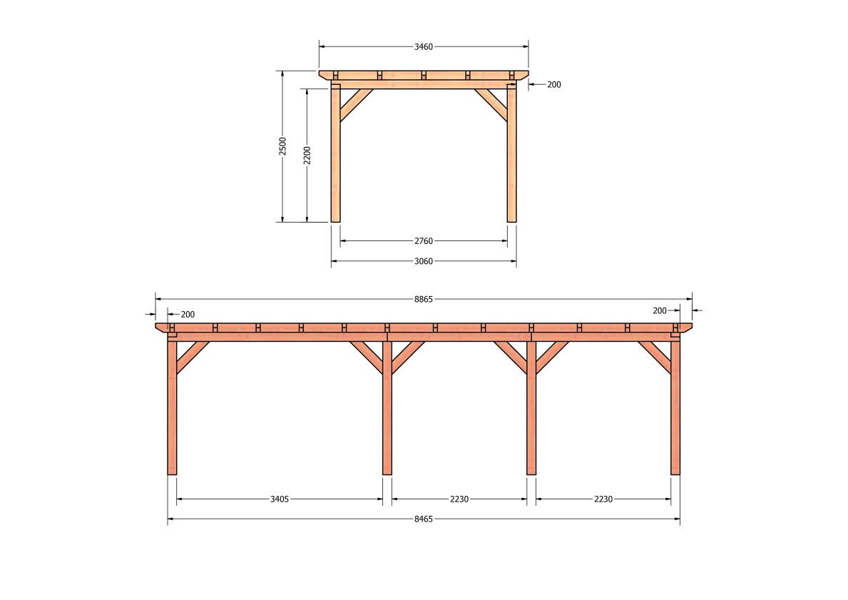 CP-10.1014-douglas-houten-overkapping-carport-bouwpakket-zelfbouw-plat-dak-bouwtekening-Zij & voor aanzicht