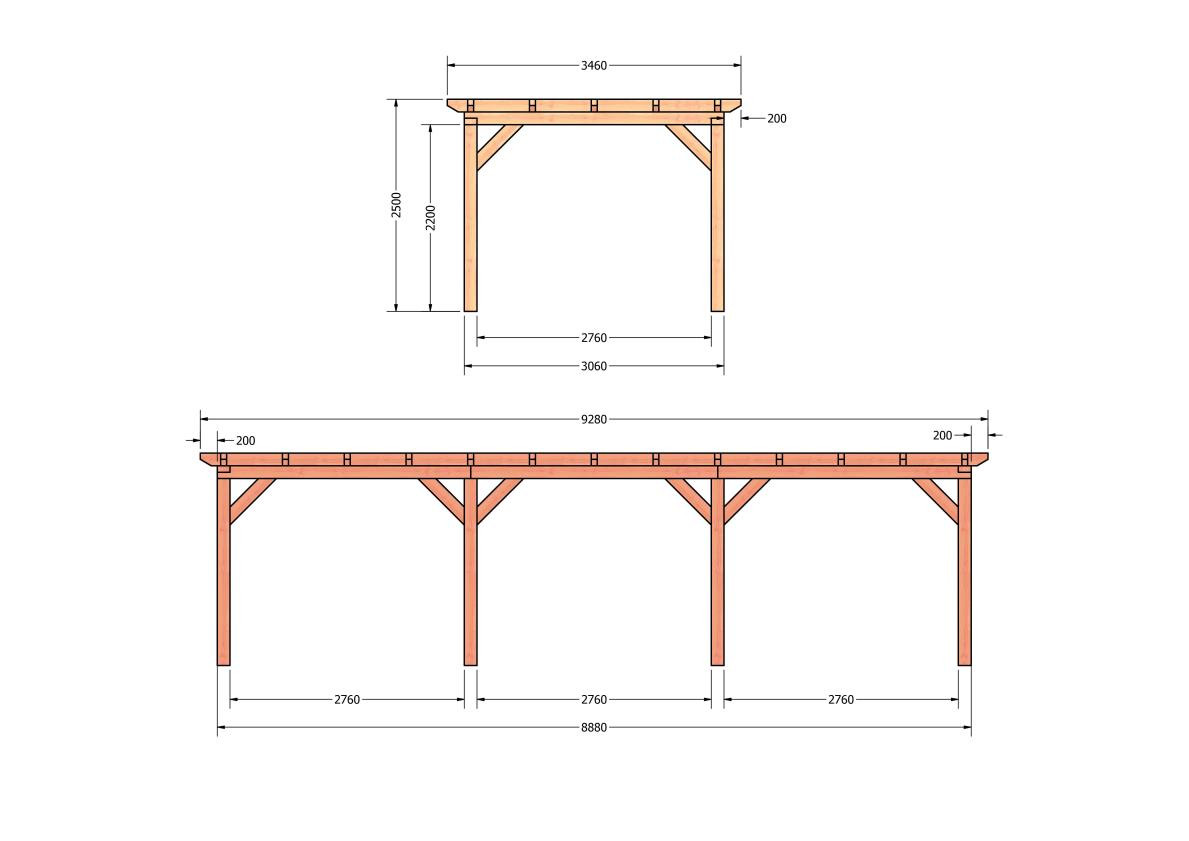 CP-10.1015-douglas-houten-overkapping-carport-bouwpakket-zelfbouw-plat-dak-bouwtekening-Zij & voor aanzicht