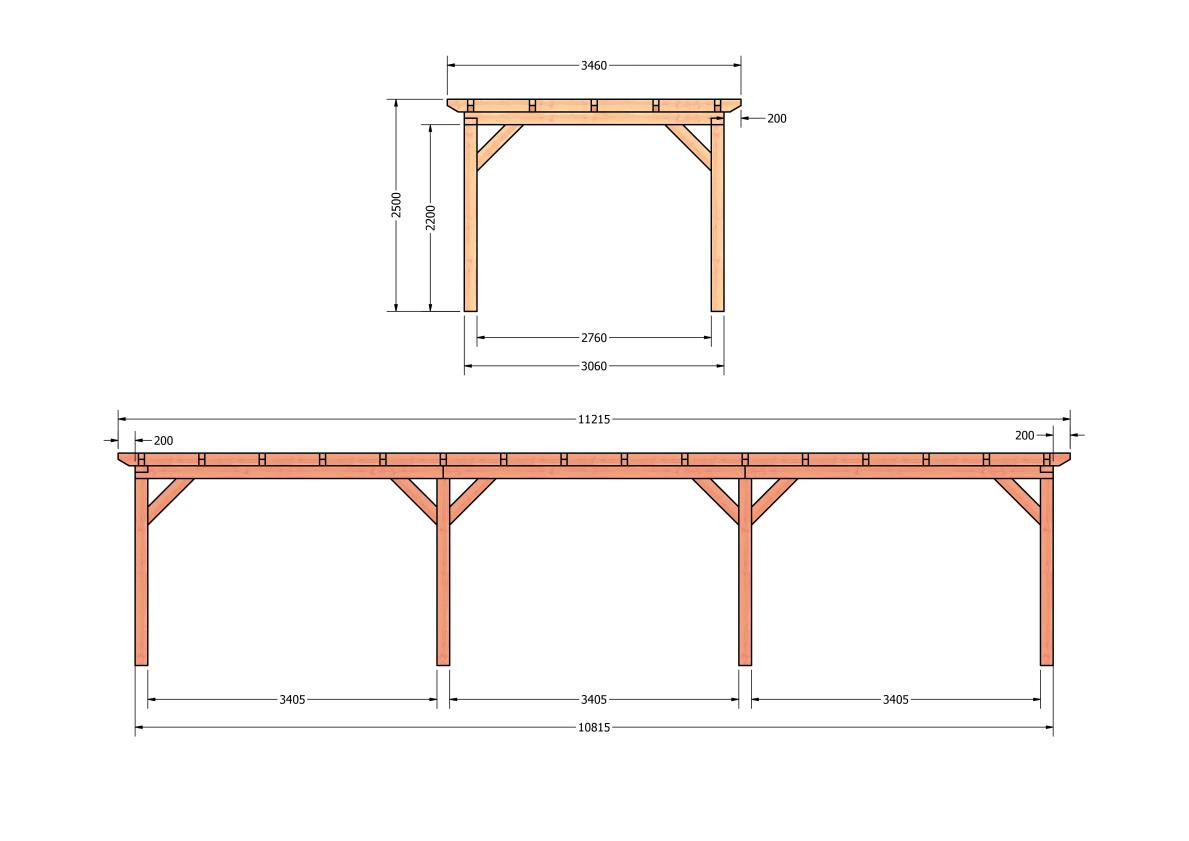 CP-10.1017-douglas-houten-overkapping-carport-bouwpakket-zelfbouw-plat-dak-bouwtekening-Zij & voor aanzicht