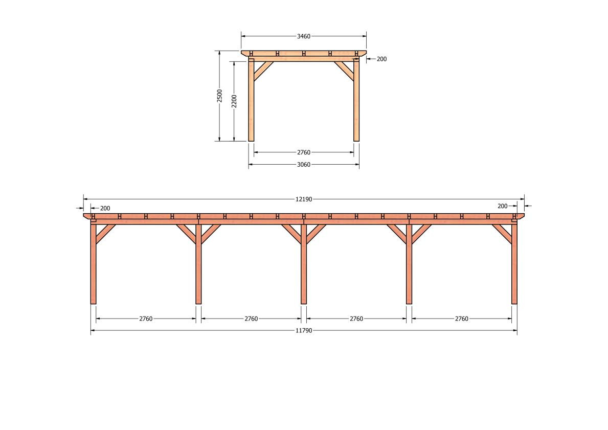CP-10.1018-douglas-houten-overkapping-carport-bouwpakket-zelfbouw-plat-dak-bouwtekening-Zij & voor aanzicht