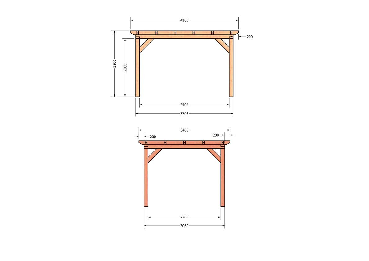 CP-10.1025-douglas-overkapping-tuin-hout-platdak-bouwtekening-kant-en-klaar-pakket-Zij & voor aanzicht
