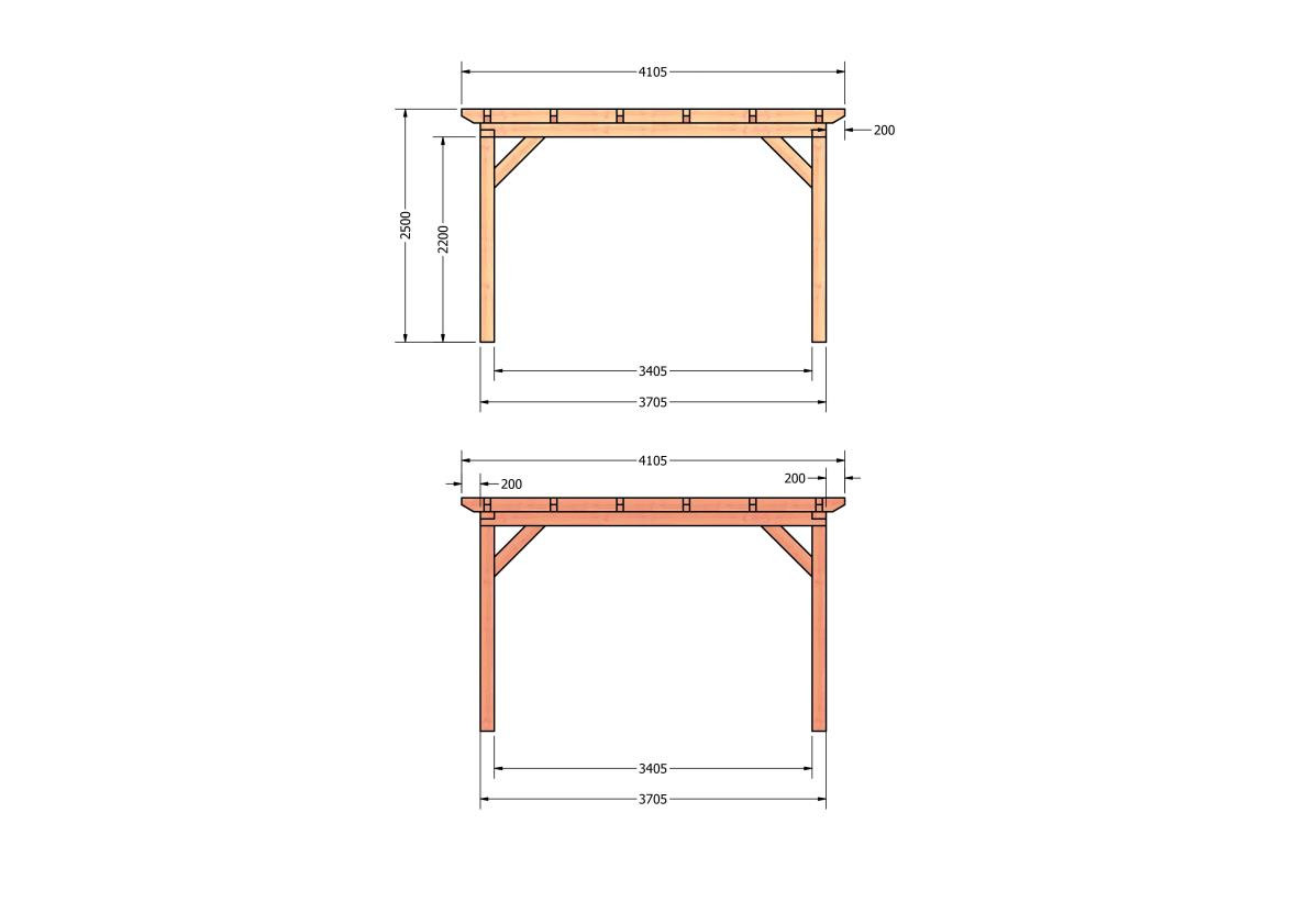 CP-10.1026-douglas-overkapping-tuin-hout-platdak-bouwtekening-kant-en-klaar-pakket-Zij & voor aanzicht