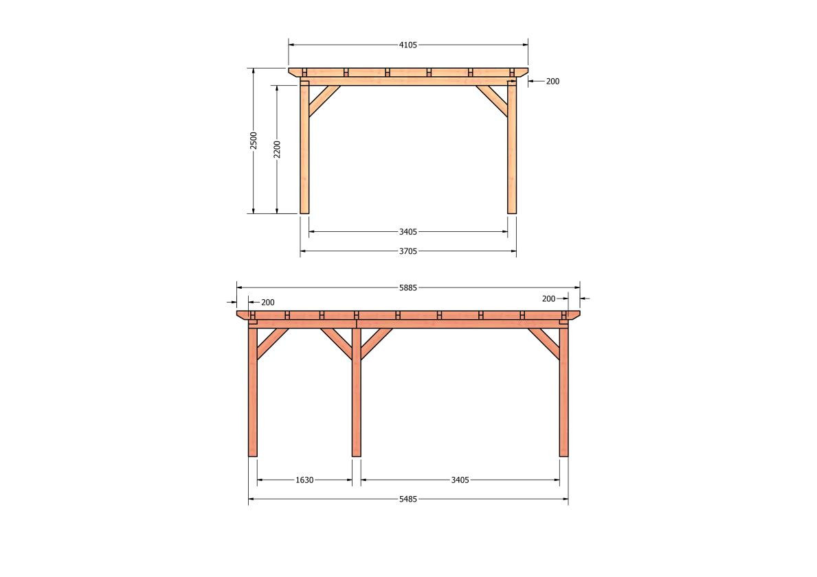 CP-10.1030-douglas-overkapping-tuin-hout-platdak-bouwtekening-kant-en-klaar-pakket-Zij & voor aanzicht