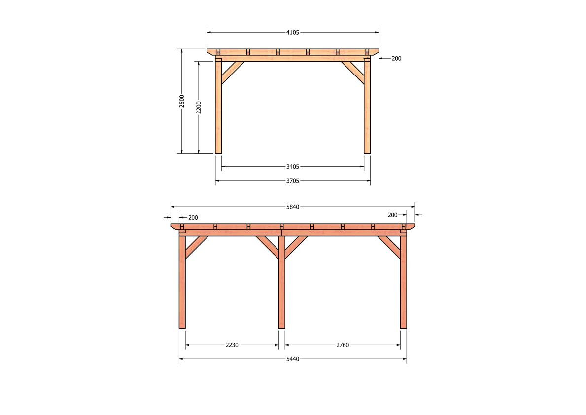 CP-10.1029-douglas-overkapping-tuin-hout-platdak-bouwtekening-kant-en-klaar-pakket-Zij & voor aanzicht