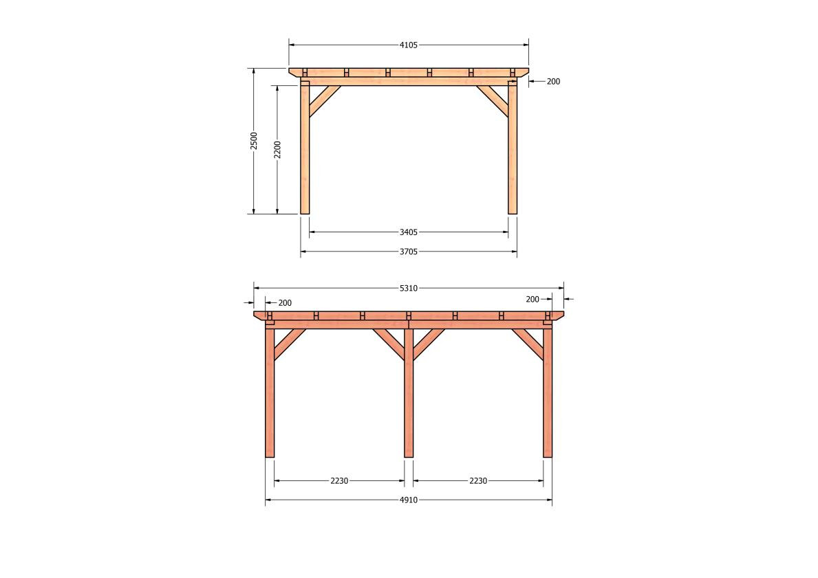 CP-10.1028-douglas-overkapping-tuin-hout-platdak-bouwtekening-kant-en-klaar-pakket-Zij & voor aanzicht
