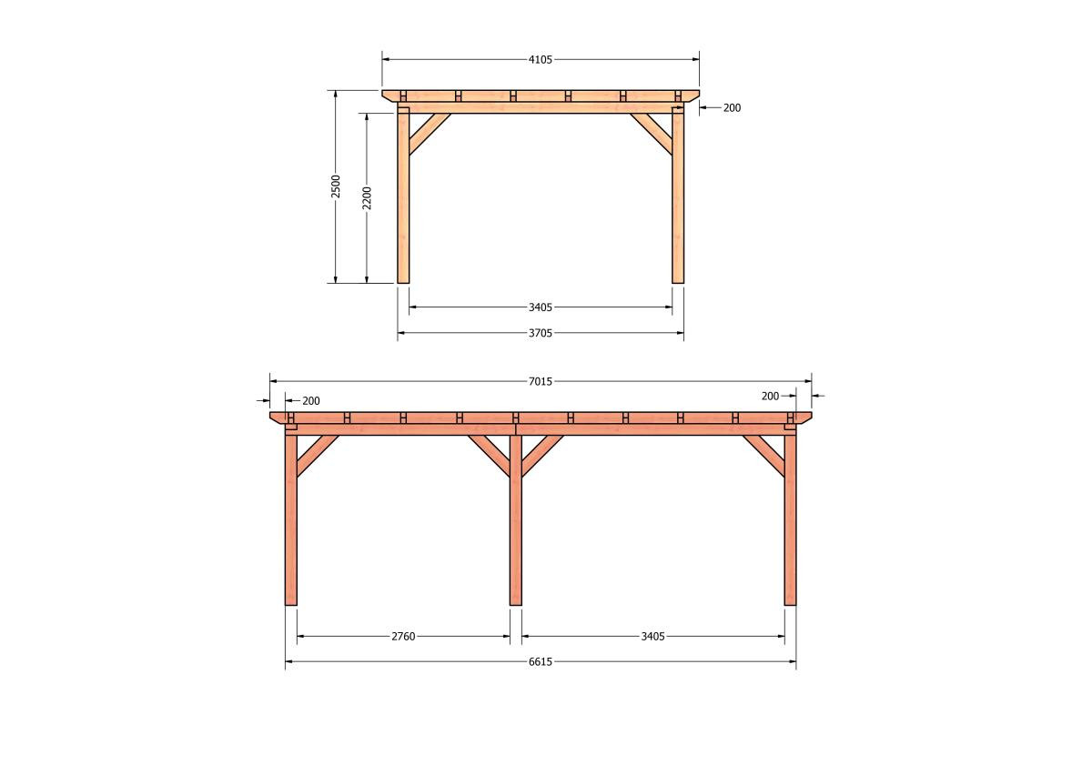 CP-10.1033-douglas-overkapping-tuin-hout-platdak-bouwtekening-kant-en-klaar-pakket-Zij & voor aanzicht