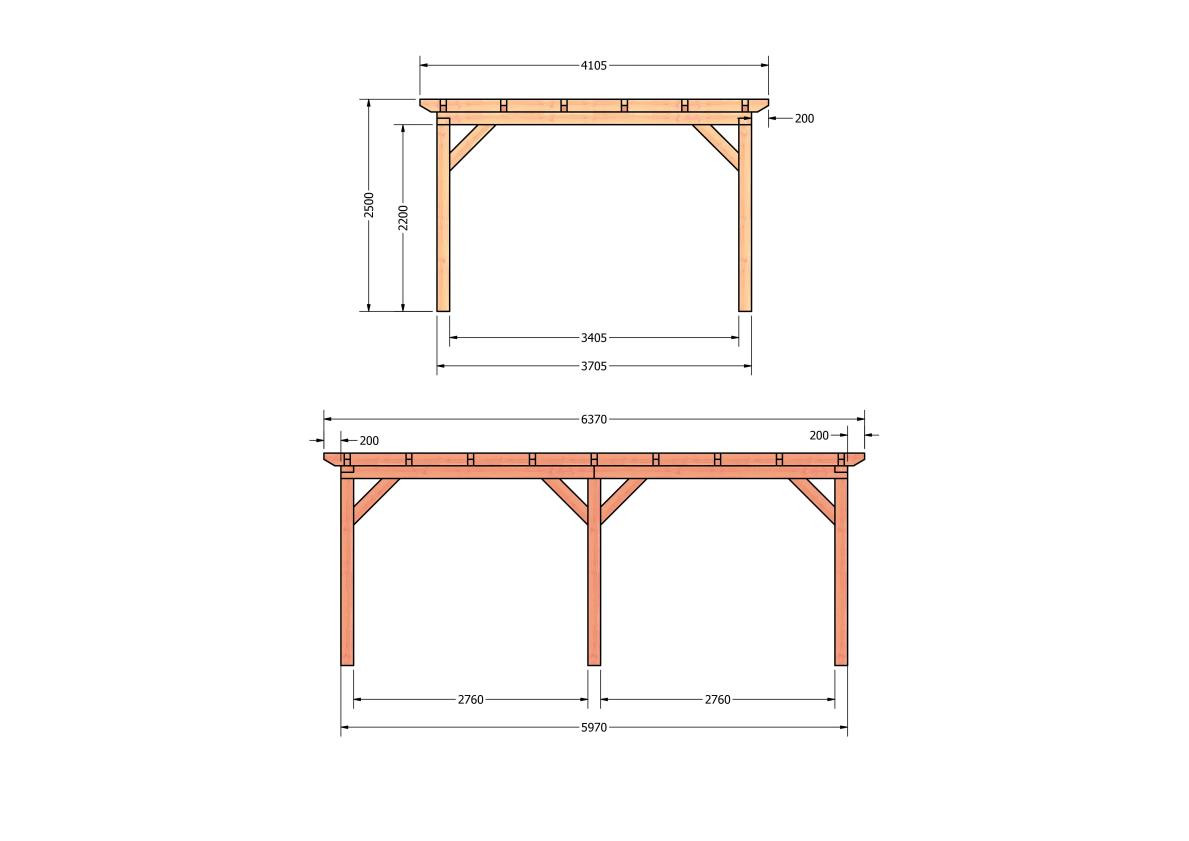 CP-10.1031-douglas-overkapping-tuin-hout-platdak-bouwtekening-kant-en-klaar-pakket-Zij & voor aanzicht