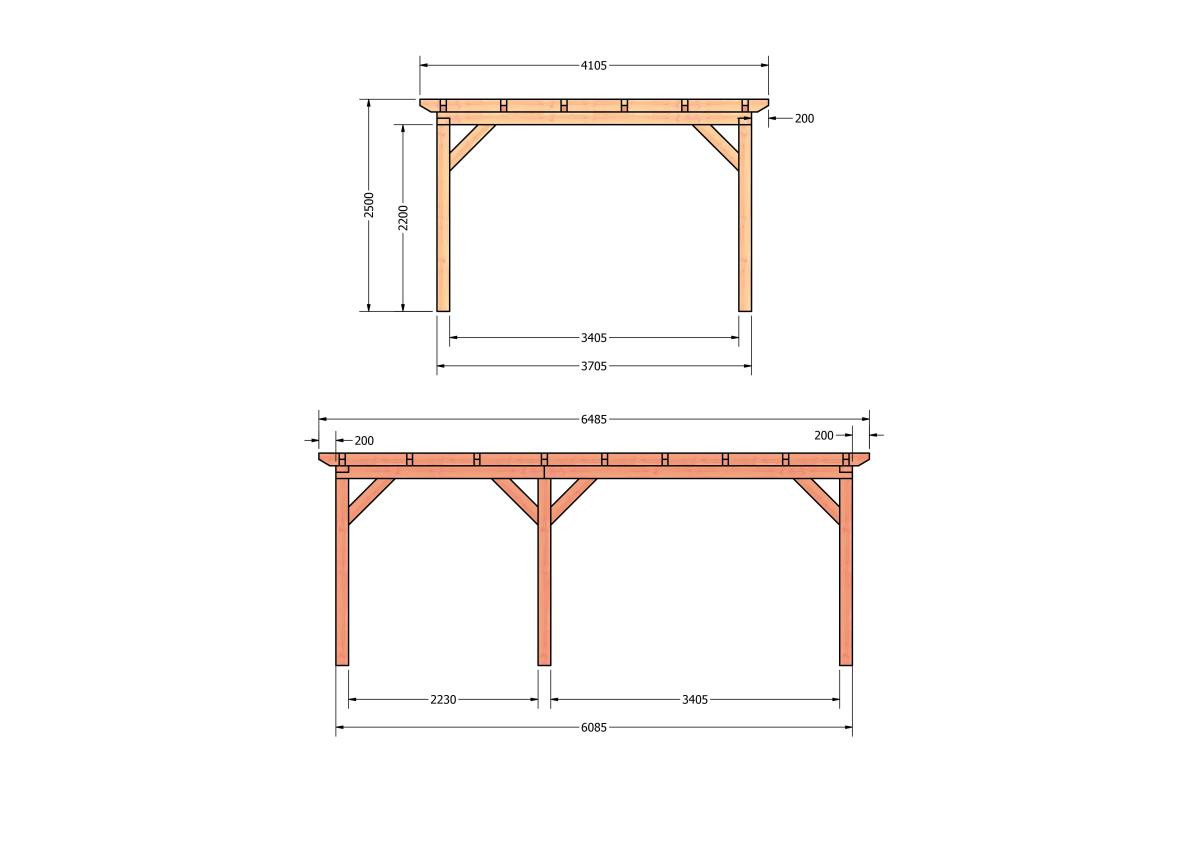 CP-10.1032-douglas-overkapping-tuin-hout-platdak-bouwtekening-kant-en-klaar-pakket-Zij & voor aanzicht