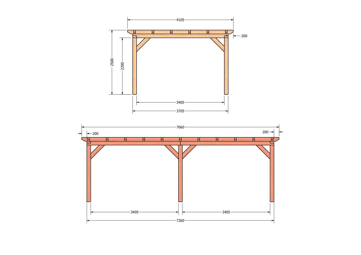 CP-10.1035-douglas-overkapping-tuin-hout-platdak-bouwtekening-kant-en-klaar-pakket-Zij & voor aanzicht