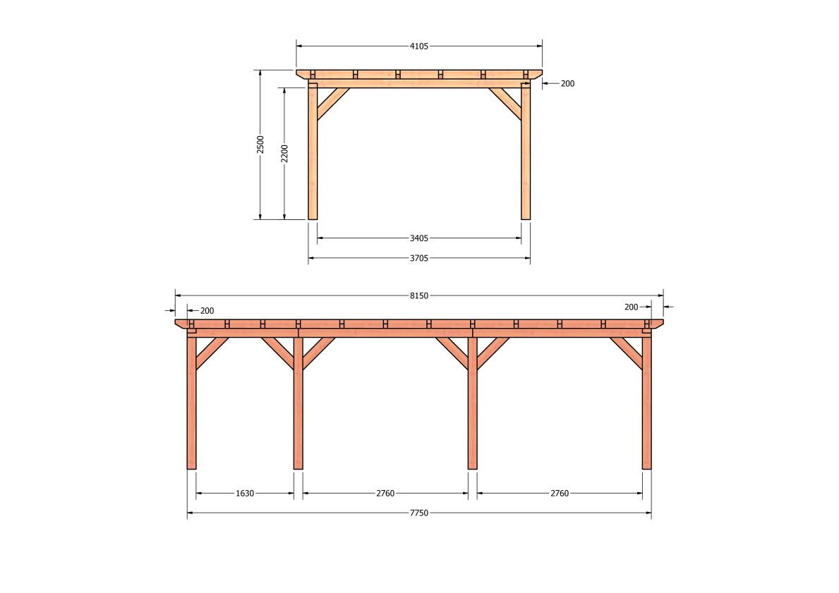 CP-10.1037-douglas-overkapping-tuin-hout-platdak-bouwtekening-kant-en-klaar-pakket-Zij & voor aanzicht