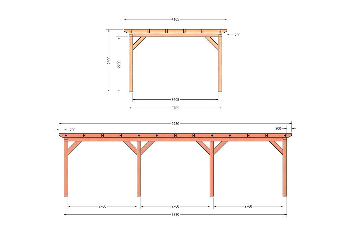CP-10.1040-douglas-overkapping-tuin-hout-platdak-bouwtekening-kant-en-klaar-pakket-Zij & voor aanzicht