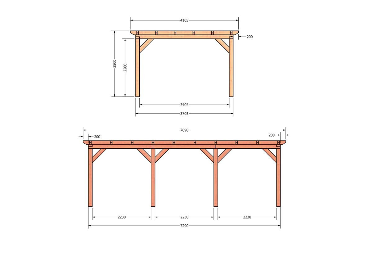 CP-10.1036-douglas-overkapping-tuin-hout-platdak-bouwtekening-kant-en-klaar-pakket-Zij & voor aanzicht