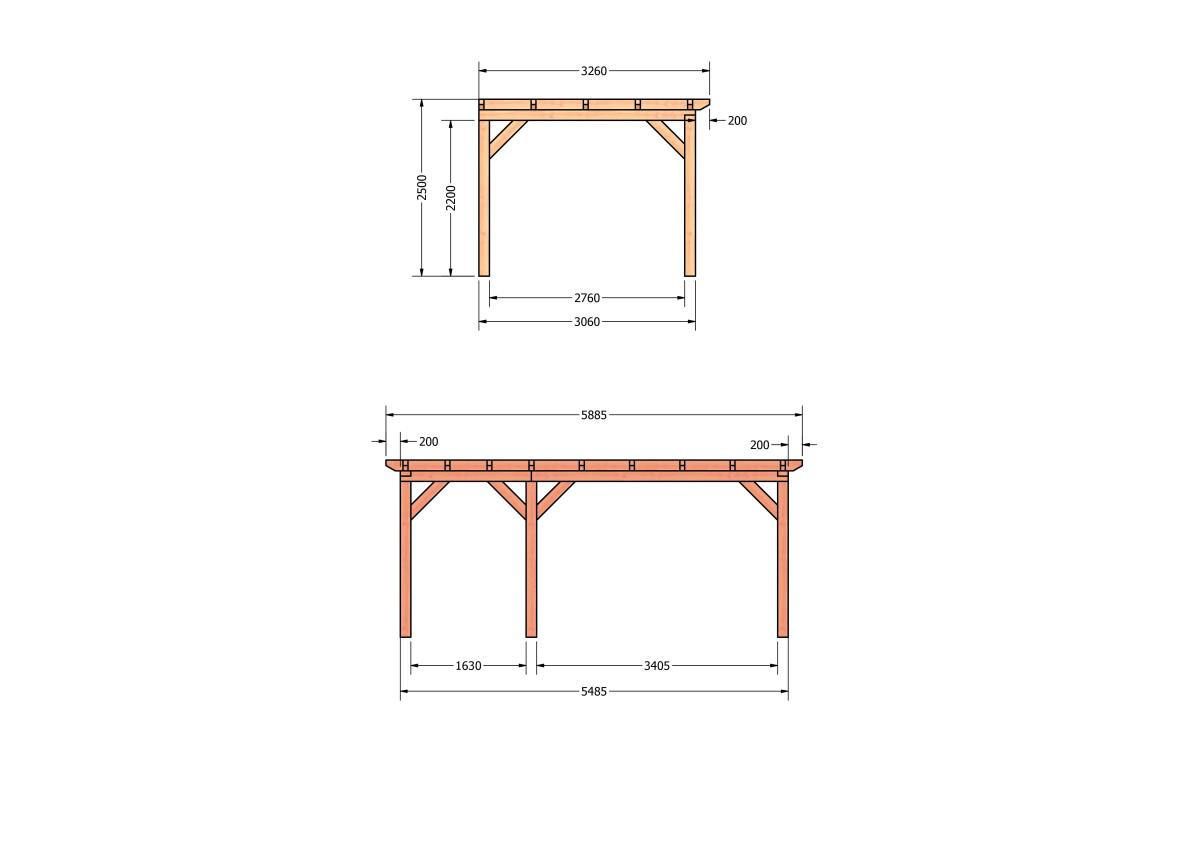 CP-10.2007-houten-veranda-bouwpakket-douglas-constructie-bouwtekening-Zij & voor aanzicht