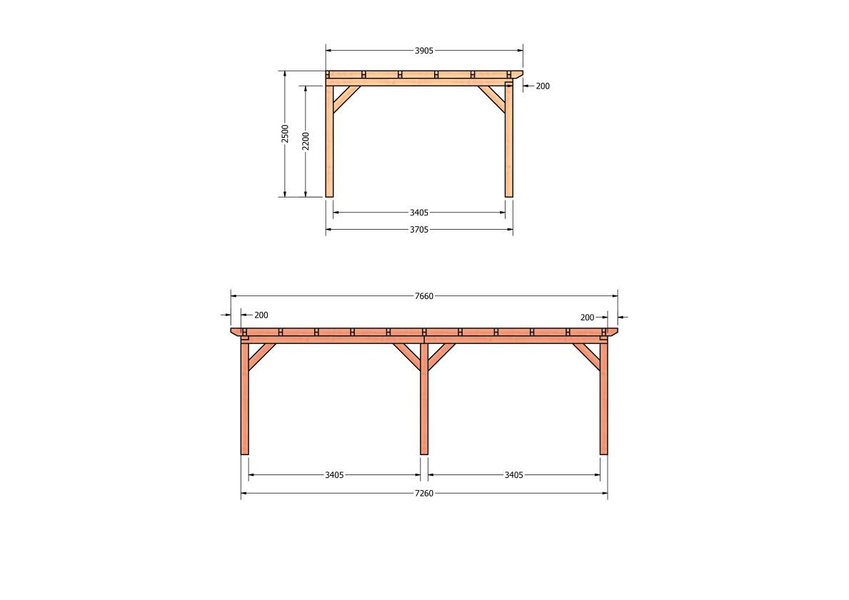 CP-10.2066-douglas-veranda-tuin-overkapping-bouwpakket-bouwtekening-zelfbouw-Zij & voor aanzicht