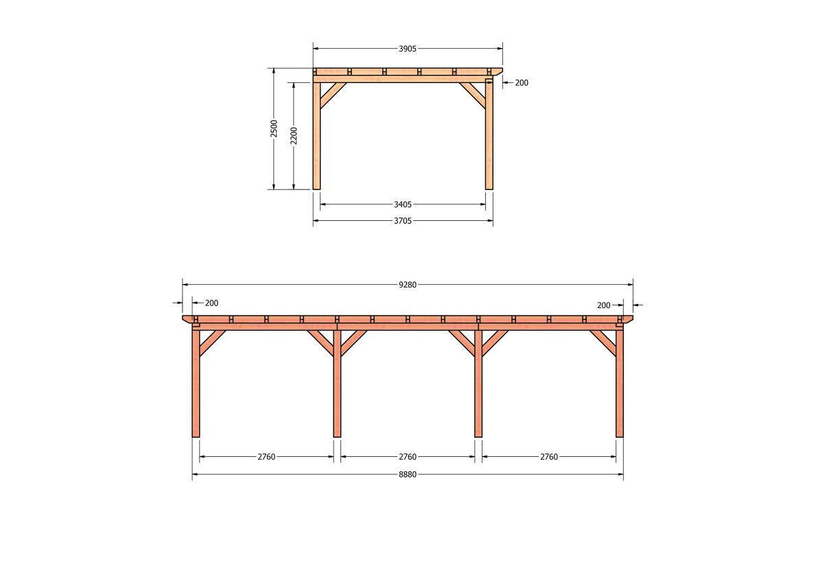 CP-10.2074-douglas-veranda-tuin-overkapping-bouwpakket-bouwtekening-zelfbouw-Zij & voor aanzicht