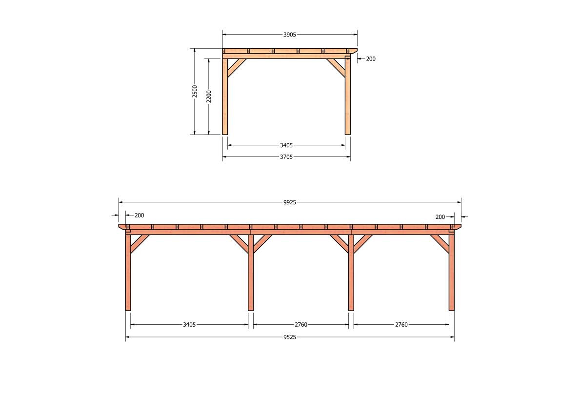 CP-10.2075-douglas-veranda-tuin-overkapping-bouwpakket-bouwtekening-zelfbouw-Zij & voor aanzicht