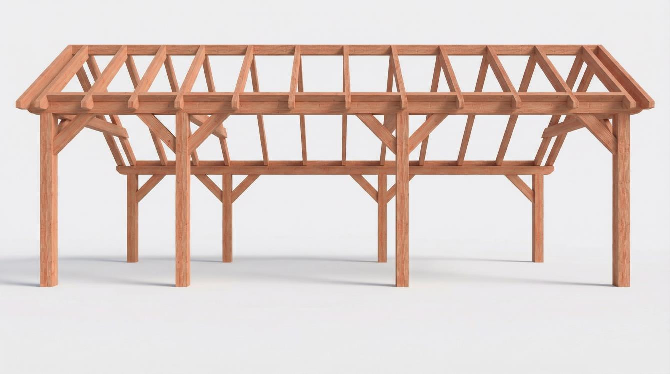 CP-20.1011 - Constructiepakket kapschuur - 7690x3460x3445mm - fijnbezaagd Douglas - Voorzijde