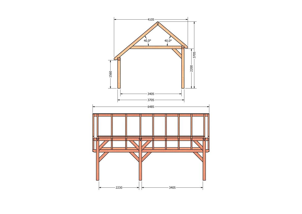 CP-20.1032-houten-kapschuur-constructie-bouwpakket-zelfbouw-bouwtekening-Zij & voor aanzicht