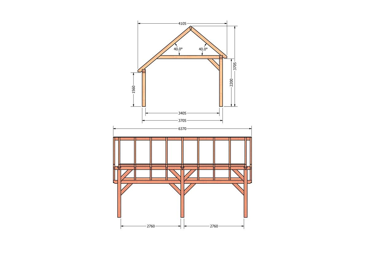 CP-20.1031-houten-kapschuur-constructie-bouwpakket-zelfbouw-bouwtekening-Zij & voor aanzicht