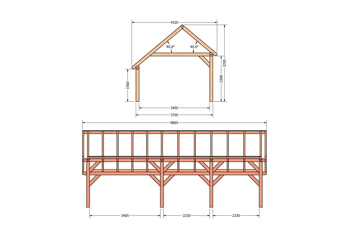 CP-20.1039-houten-kapschuur-constructie-bouwpakket-zelfbouw-bouwtekening-Zij & voor aanzicht