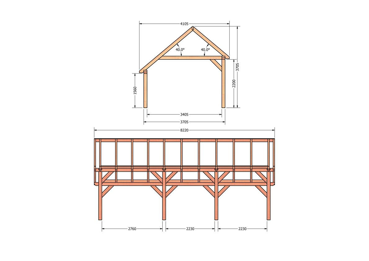 CP-20.1038-houten-kapschuur-constructie-bouwpakket-zelfbouw-bouwtekening-Zij & voor aanzicht