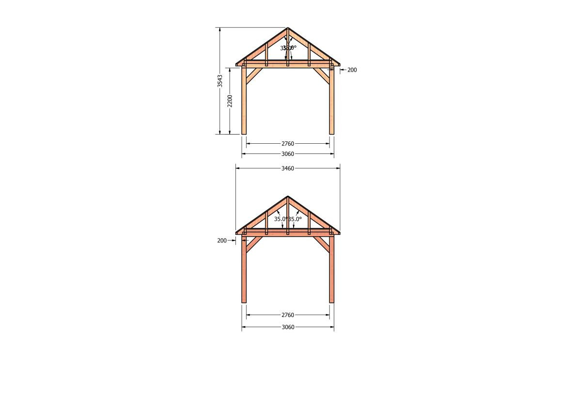 CP-20.3000-houten-schuur-bouwtekening-zelfbouw-constructie-bouwplan-Zij & voor aanzicht