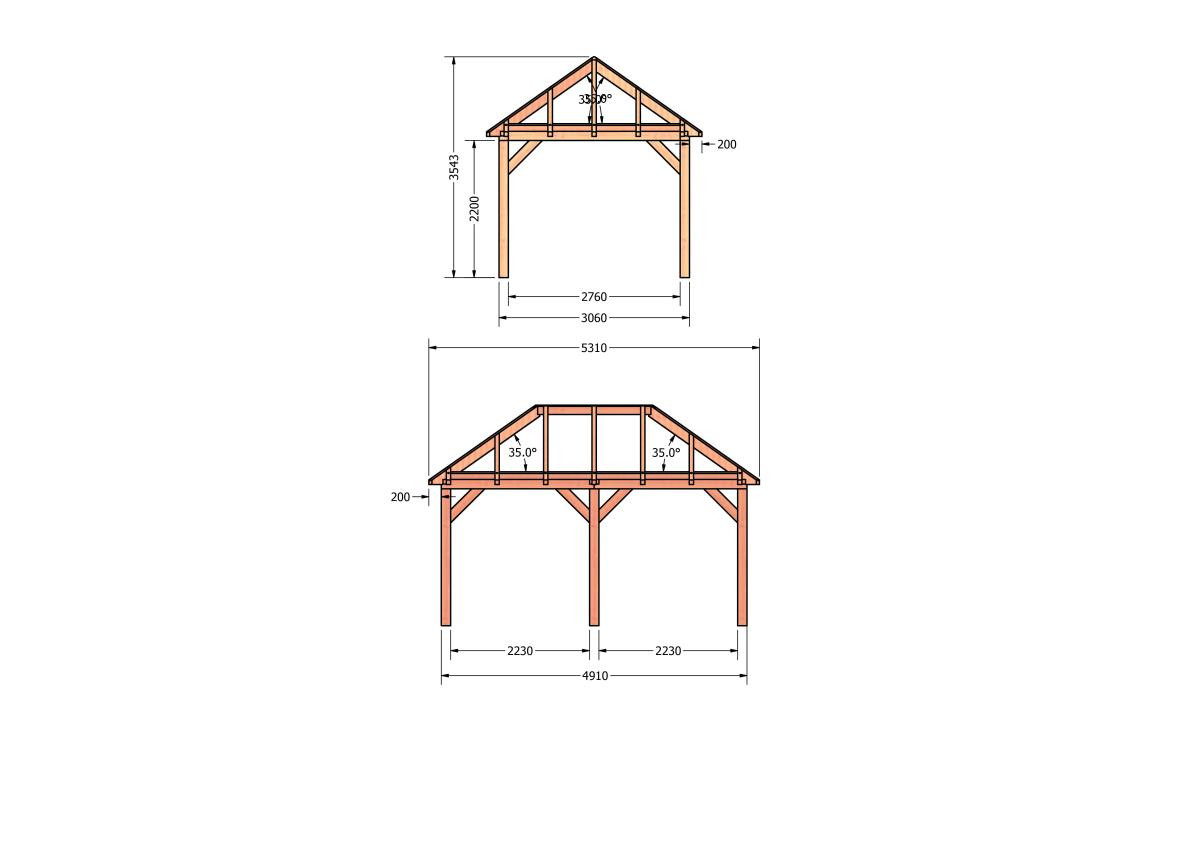 CP-20.3003-houten-schuur-bouwtekening-zelfbouw-constructie-bouwplan-Zij & voor aanzicht