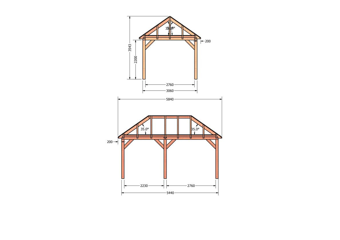 CP-20.3004-houten-schuur-bouwtekening-zelfbouw-constructie-bouwplan-Zij & voor aanzicht