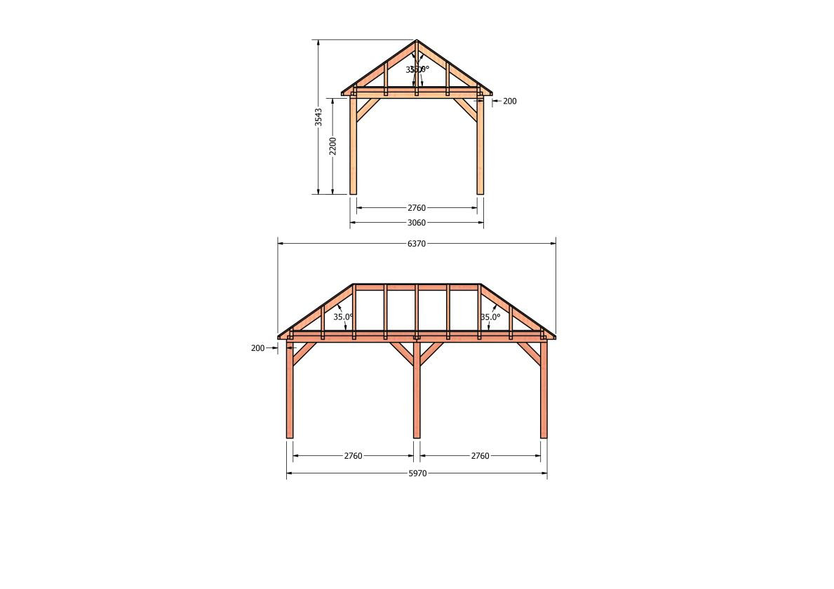 CP-20.3006-houten-schuur-bouwtekening-zelfbouw-constructie-bouwplan-Zij & voor aanzicht