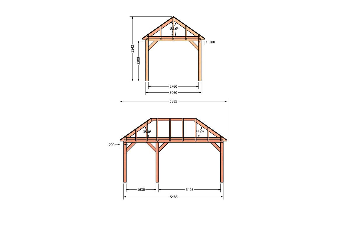 CP-20.3005-houten-schuur-bouwtekening-zelfbouw-constructie-bouwplan-Zij & voor aanzicht