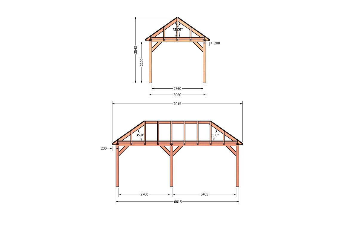 CP-20.3008-houten-schuur-bouwtekening-zelfbouw-constructie-bouwplan-Zij & voor aanzicht
