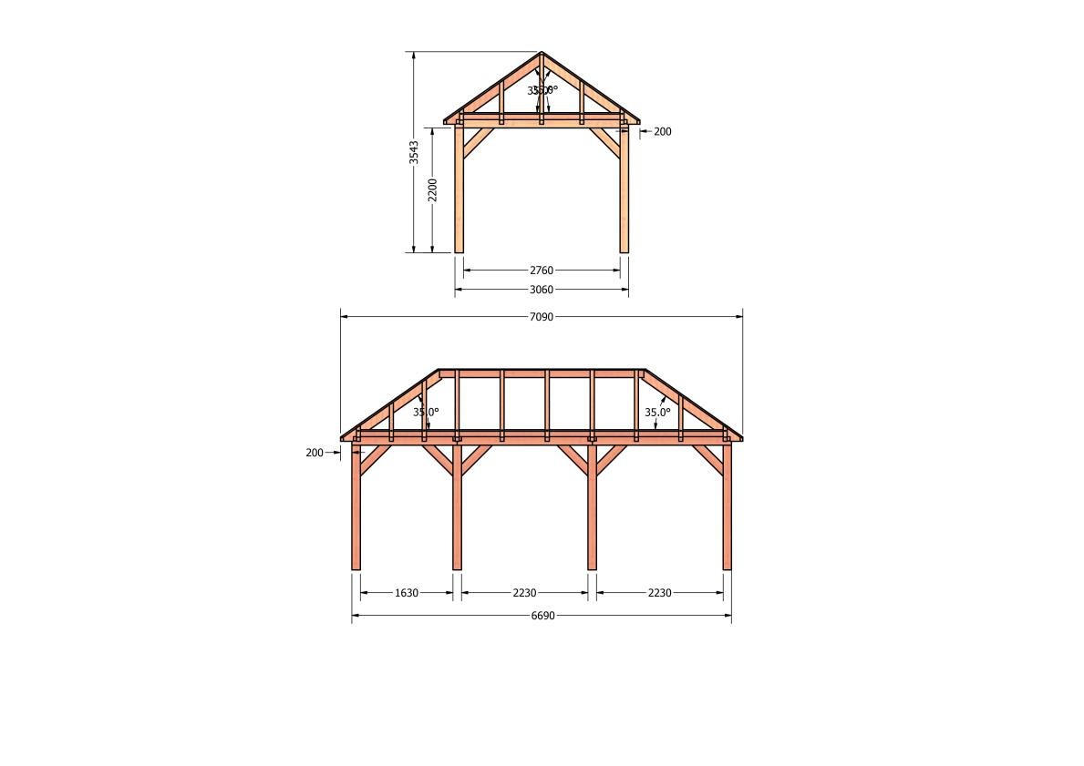 CP-20.3009-houten-schuur-bouwtekening-zelfbouw-constructie-bouwplan-Zij & voor aanzicht