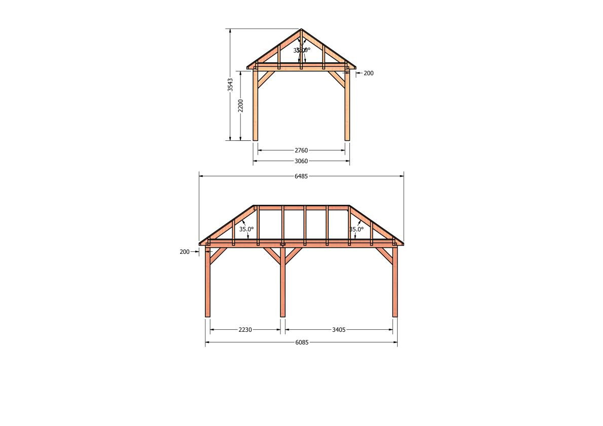 CP-20.3007-houten-schuur-bouwtekening-zelfbouw-constructie-bouwplan-Zij & voor aanzicht
