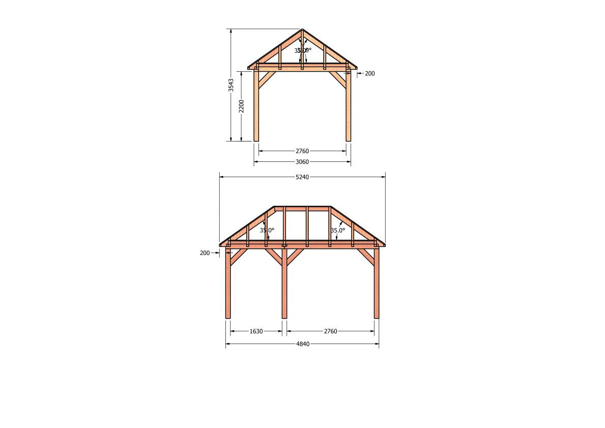 CP-20.3002-houten-schuur-bouwtekening-zelfbouw-constructie-bouwplan-Zij & voor aanzicht