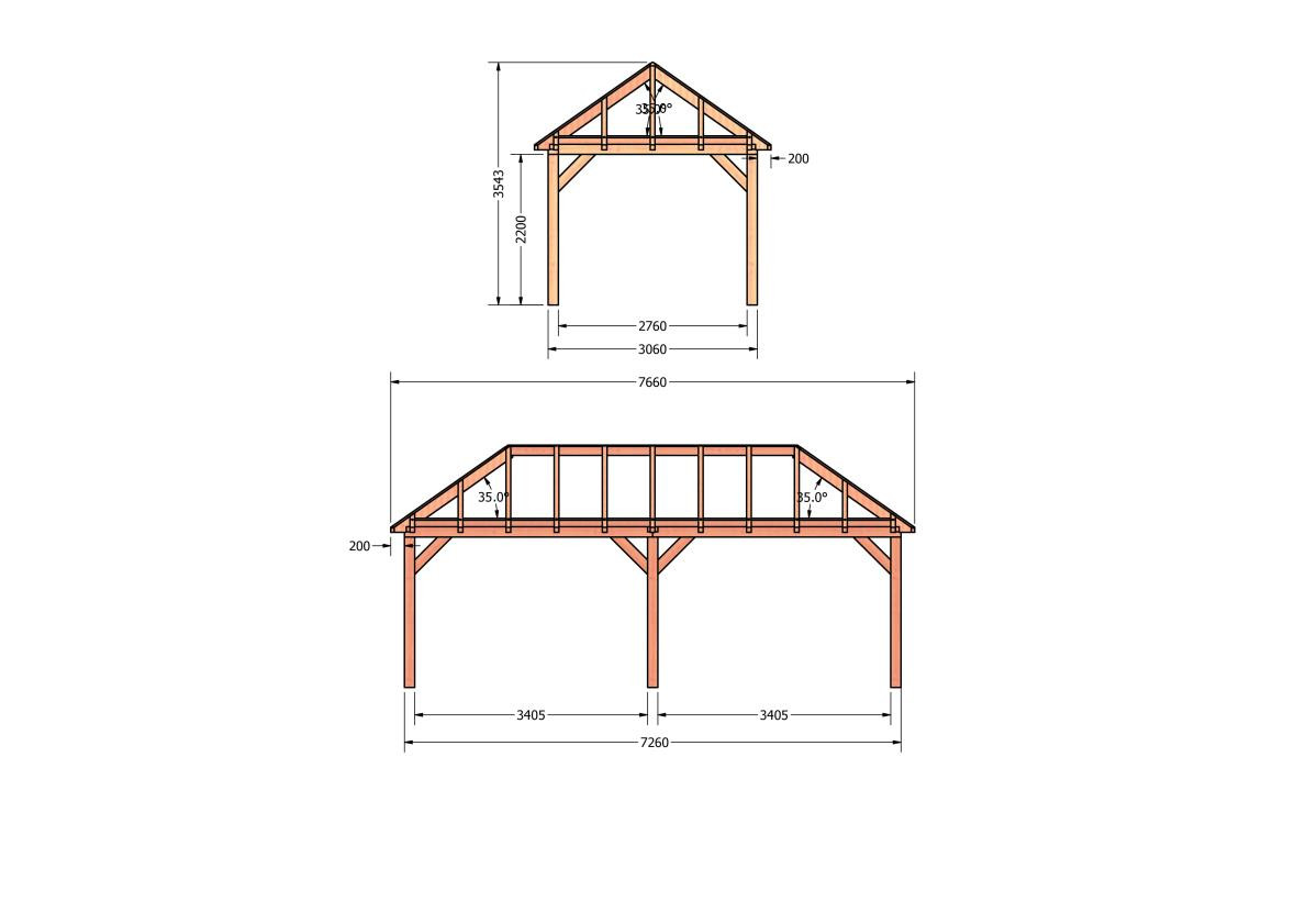 CP-20.3010-houten-schuur-bouwtekening-zelfbouw-constructie-bouwplan-Zij & voor aanzicht