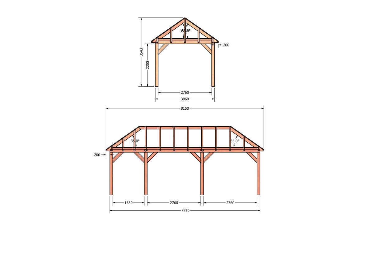 CP-20.3012-houten-schuur-bouwtekening-zelfbouw-constructie-bouwplan-Zij & voor aanzicht