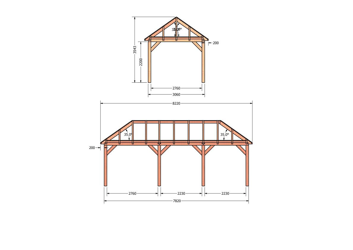 CP-20.3013-houten-schuur-bouwtekening-zelfbouw-constructie-bouwplan-Zij & voor aanzicht