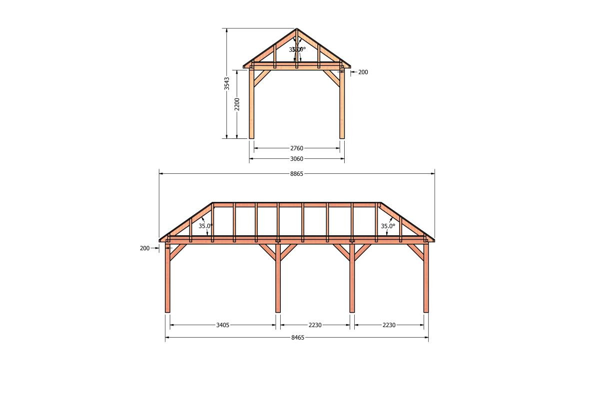 CP-20.3014-houten-schuur-bouwtekening-zelfbouw-constructie-bouwplan-Zij & voor aanzicht