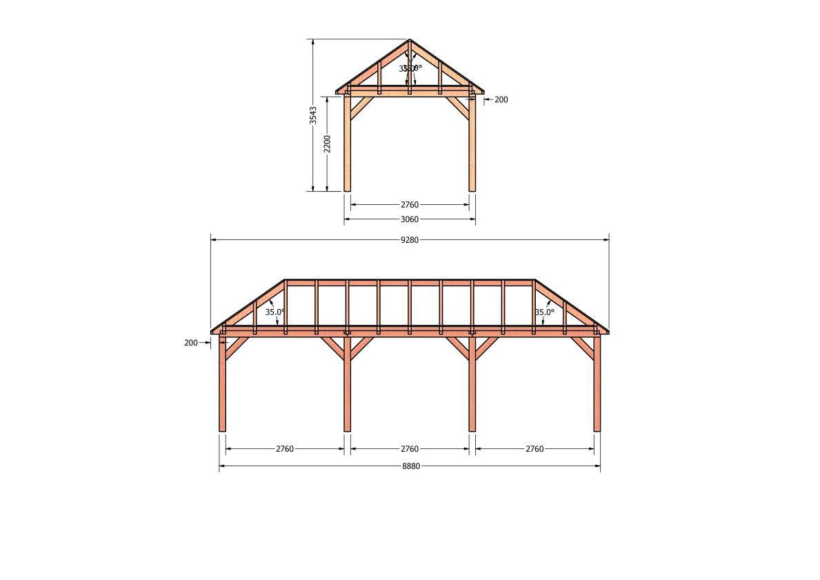 CP-20.3015-houten-schuur-bouwtekening-zelfbouw-constructie-bouwplan-Zij & voor aanzicht