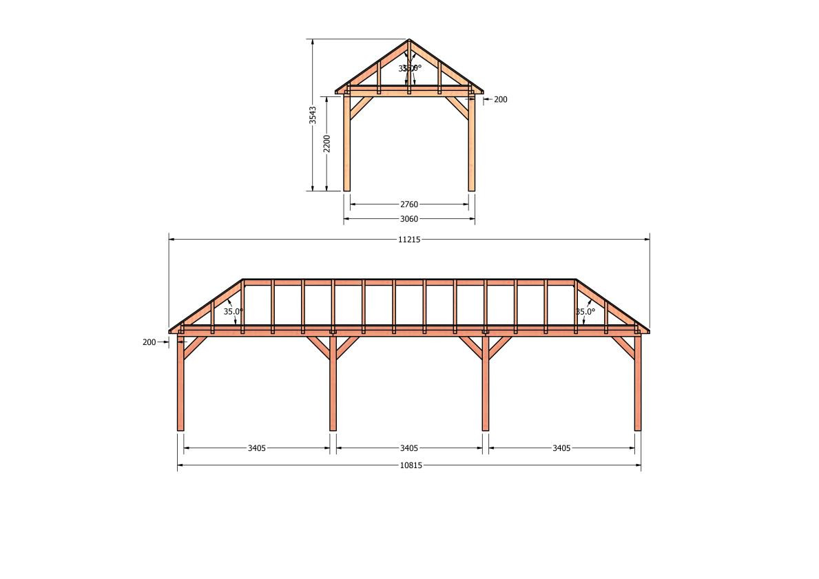 CP-20.3017-houten-schuur-bouwtekening-zelfbouw-constructie-bouwplan-Zij & voor aanzicht