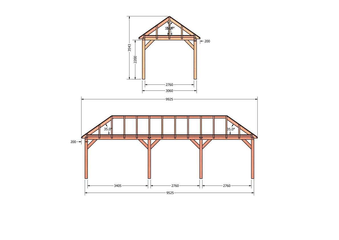CP-20.3016-houten-schuur-bouwtekening-zelfbouw-constructie-bouwplan-Zij & voor aanzicht