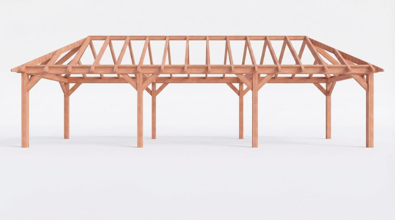 CP-20.3018 - Constructiepakket schilddak - 12190x3460x3760mm - fijnbezaagd Douglas - Voorzijde
